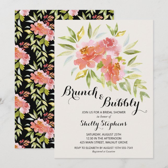 Elegant Brunch and Bubbly Floral Shower Invitation (Front/Back)