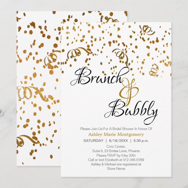 Elegant Brunch Bubbly Bridal Shower Gold Confetti Invitation (Front/Back)