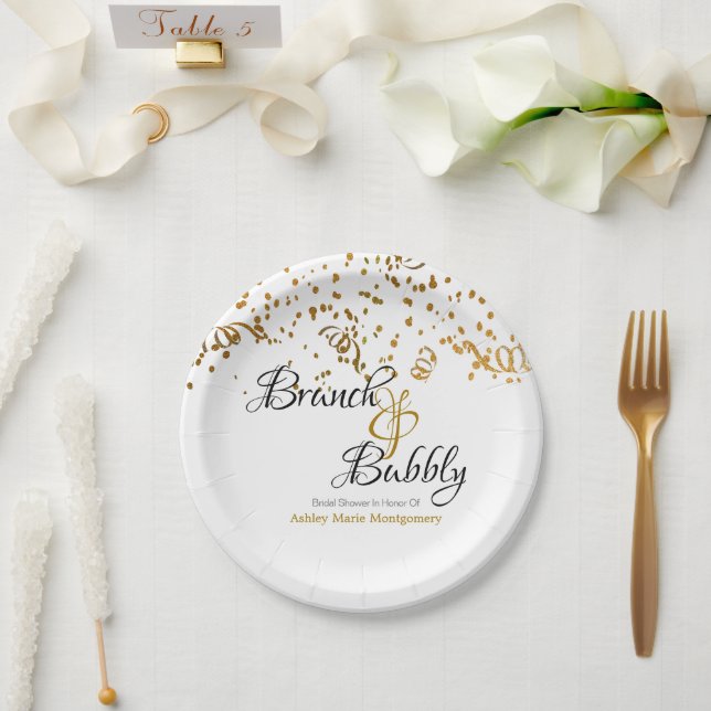 Elegant Brunch Bubbly Bridal Shower Gold Confetti Paper Plates (Wedding)