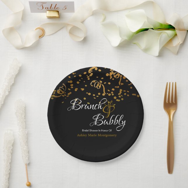 Elegant Brunch Bubbly Bridal Shower Gold Confetti Paper Plates (Wedding)
