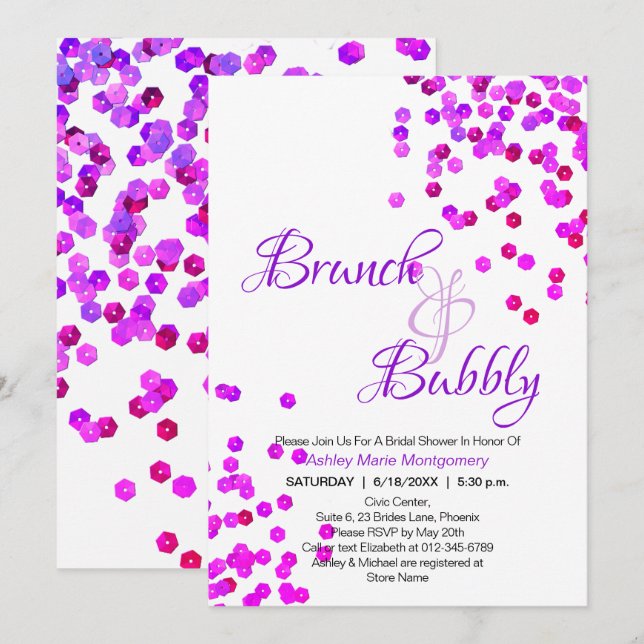 Elegant Brunch Bubbly Bridal Shower Purple Sequins Invitation (Front/Back)