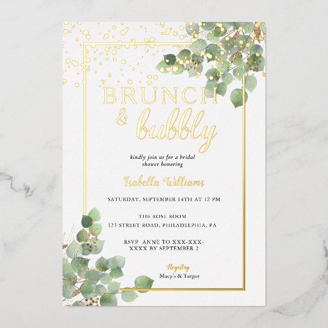 Elegant Brunch & Bubbly Greenery Bridal Shower Foil Invitation (Front)