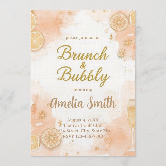 Elegant Brunch & Bubbly Invitation – Peach (Front)