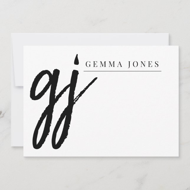 Elegant Brush Script Black Monogram Note Card (Front)
