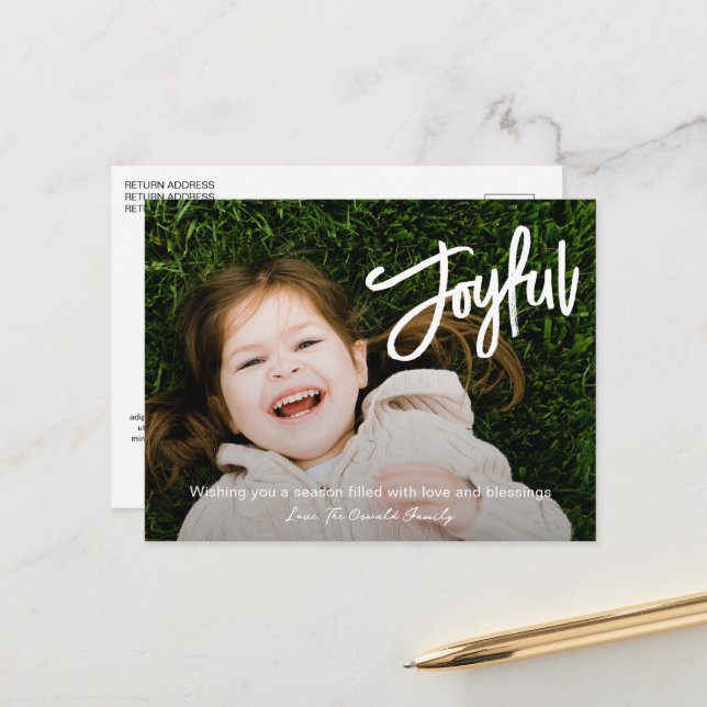 Elegant Brush Script Joyful Modern Christmas Holiday Postcard (Front/Back In Situ)