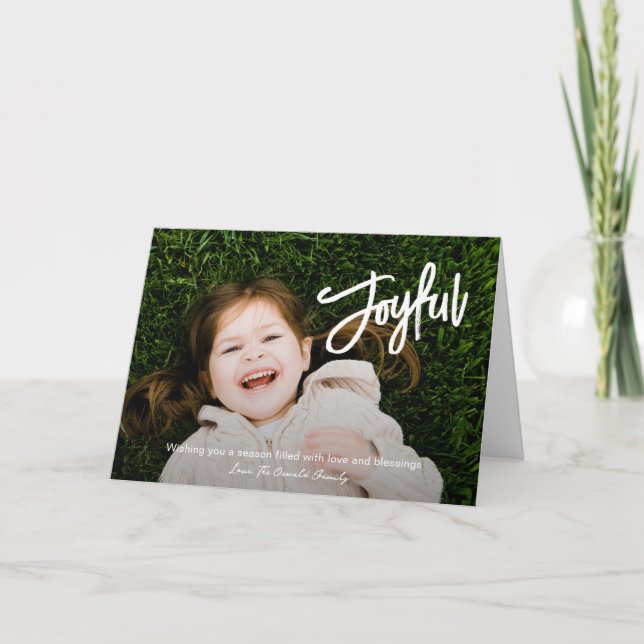 Elegant Brush Script Joyful Photo Modern Christmas Holiday Card (Front)