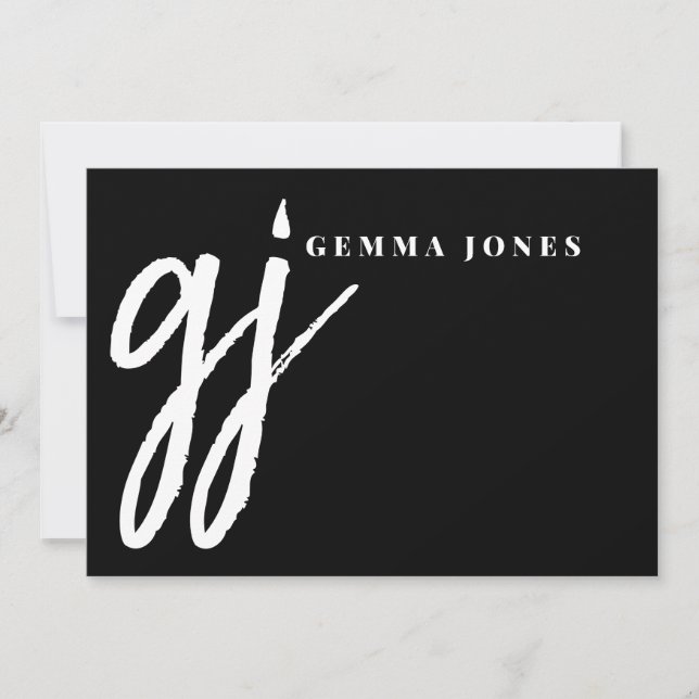 Elegant Brush Script White Monogram Black  Note Card (Front)