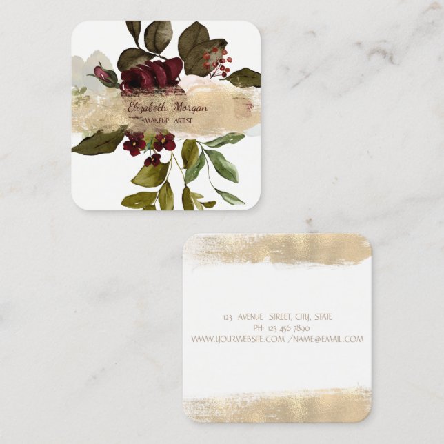 Elegant Brush Stroke,Burgundy Flowers Square Business Card (Front/Back)