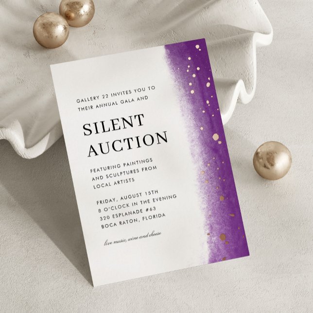 Elegant Brush Stroke Gala & Silent Auction Purple Foil Invitation (purple elegant gala night and silent auction invitation)