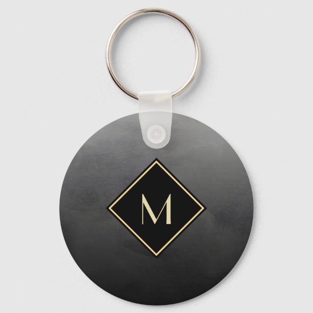 Elegant Brushed Black With Simple Gold Monogram Keychain (Front)