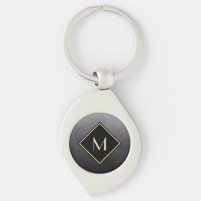 Elegant Brushed Black With Simple Gold Monogram Keychain (Front)