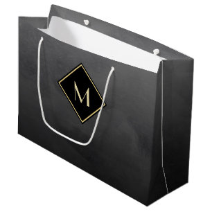 Elegant Brushed Black With Simple Gold Monogram Large Gift Bag