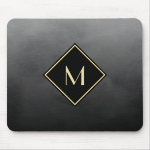 Elegant Brushed Black With Simple Gold Monogram Mouse Pad