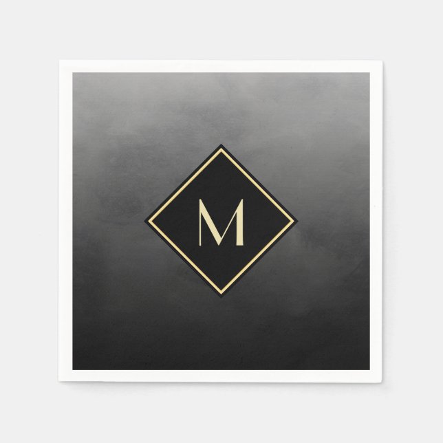 Elegant Brushed Black With Simple Gold Monogram Napkins (Front)