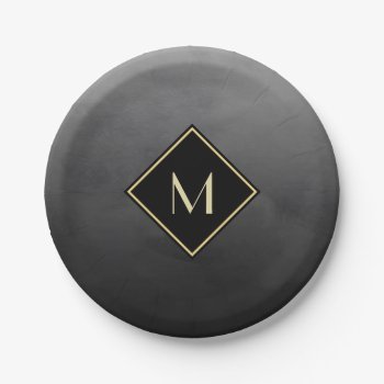 Elegant Brushed Black With Simple Gold Monogram Paper Plates by ohsogirly at Zazzle