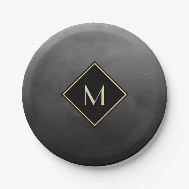 Elegant Brushed Black With Simple Gold Monogram Paper Plates (Front)