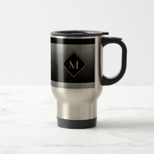 Elegant Brushed Black With Simple Gold Monogram Travel Mug