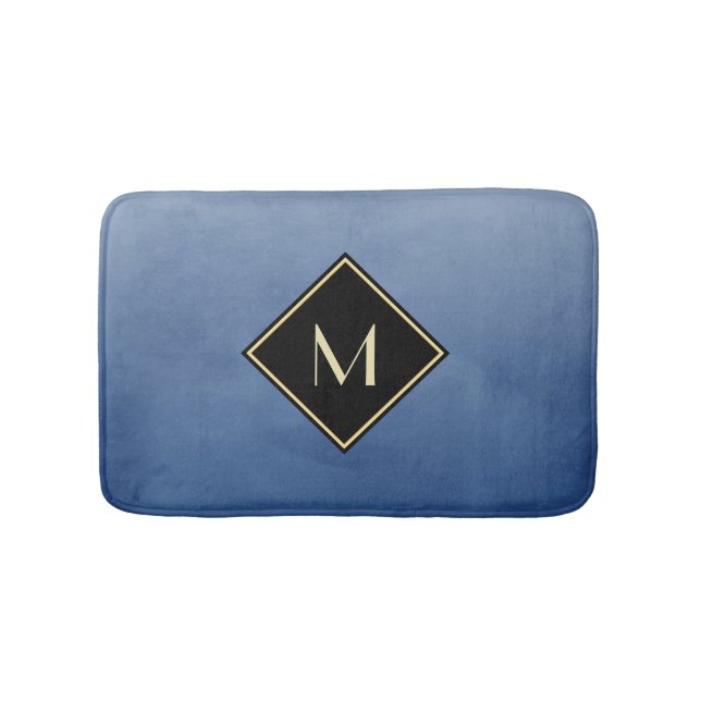 Elegant Brushed Blue With Simple Gold Monogram Bathroom Mat (Front)