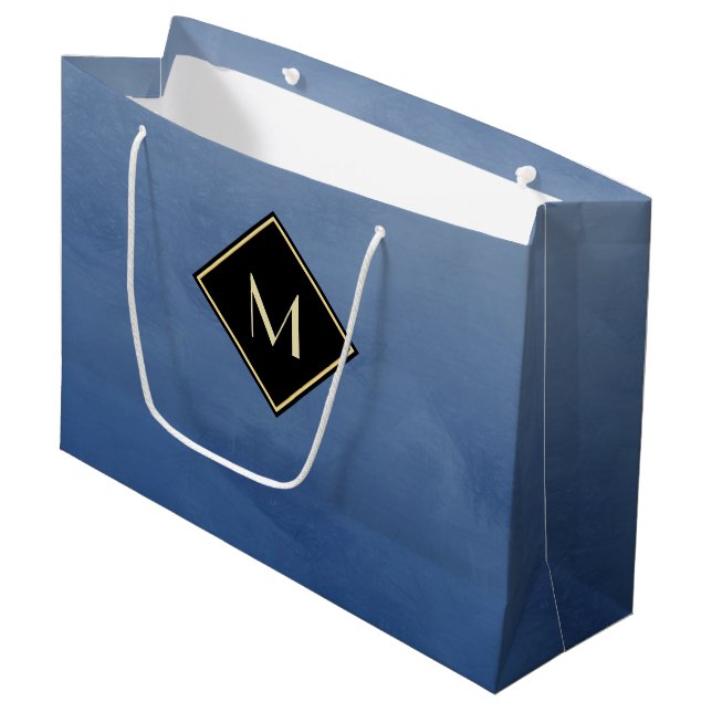 Elegant Brushed Blue With Simple Gold Monogram Large Gift Bag (Front Angled)
