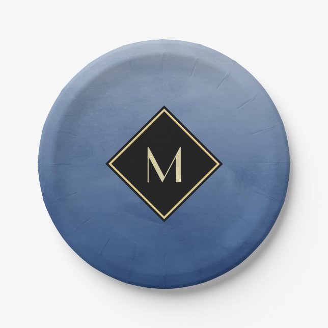 Elegant Brushed Blue With Simple Gold Monogram Paper Plates (Front)