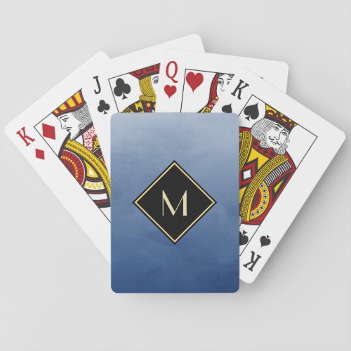Elegant Brushed Blue With Simple Gold Monogram Poker Cards
