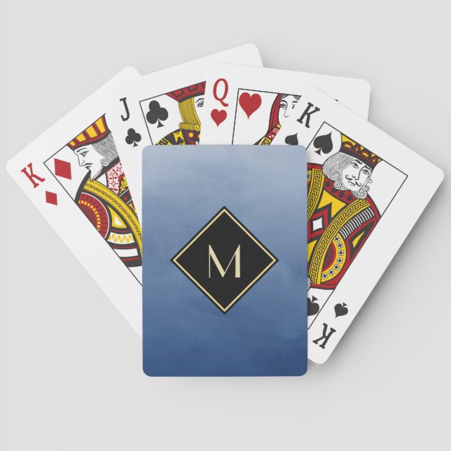 Elegant Brushed Blue With Simple Gold Monogram Poker Cards (Back)