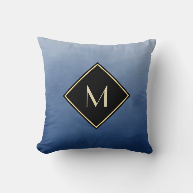 Elegant Brushed Blue With Simple Gold Monogram Throw Pillow (Front)