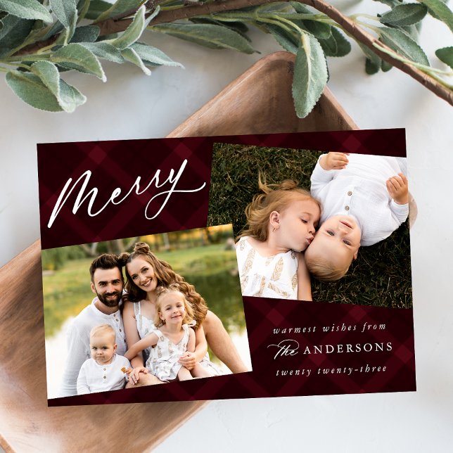 Elegant Brushed Burgundy Plaid 3 Photo Holiday Card (Creator Uploaded)