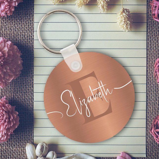 Elegant Brushed Copper Metal Girly Monogrammed Keychain (Creator Uploaded)