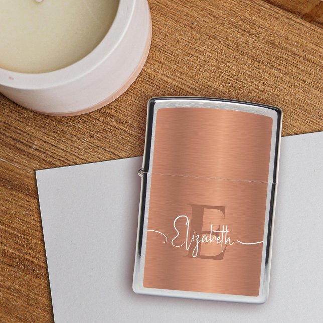 Elegant Brushed Copper Metal Script Monogrammed Zippo Lighter (Creator Uploaded)