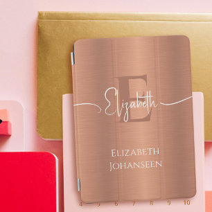 Elegant Brushed Copper Metal White Script Monogram iPad Mini Cover