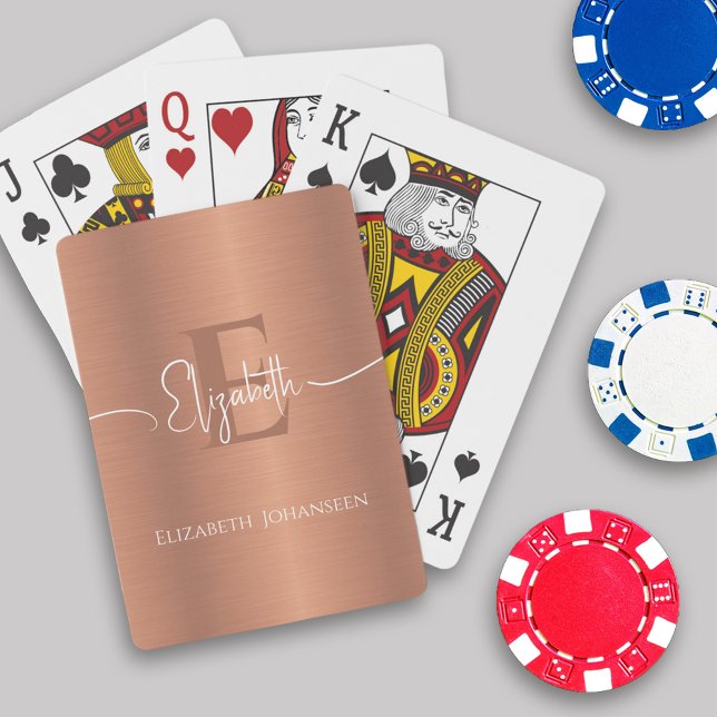 Elegant Brushed Copper Metal White Script Monogram Poker Cards (Creator Uploaded)