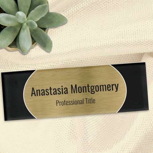 Elegant Brushed Faux Gold Oval Black Text Name Tag