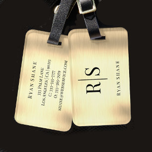 Elegant Brushed Gold, Black Monogram & Name Luggage Tag