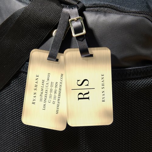 Elegant Brushed Gold, Black Monogram & Name Luggage Tag