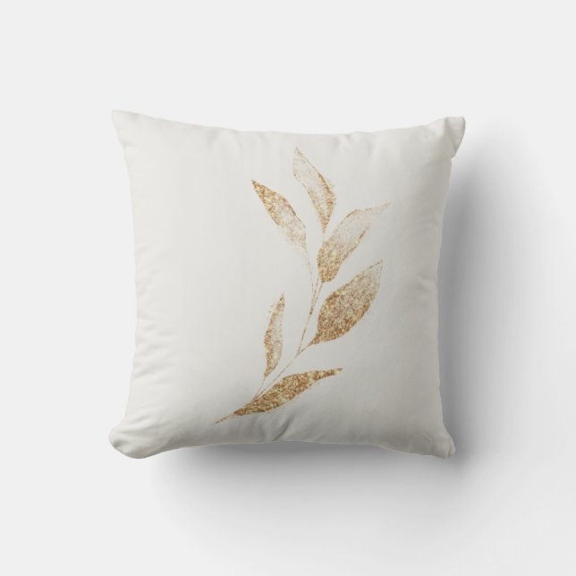 Elegant Brushed Gold Leaf Botanical Throw Pillow (Front)