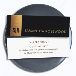Elegant Brushed Gold Monogram Black Leather Mini Business Card