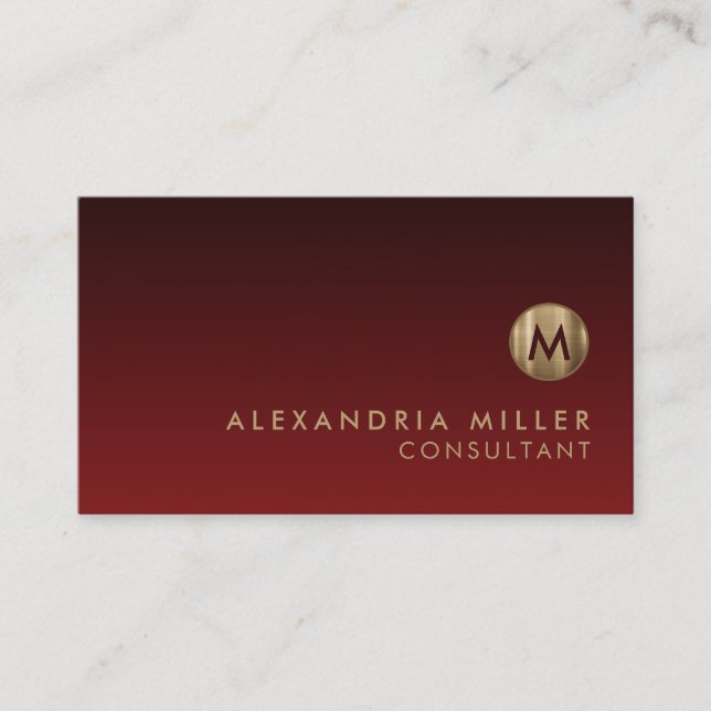 Elegant Brushed Gold Monogram Red Business Card (Front)