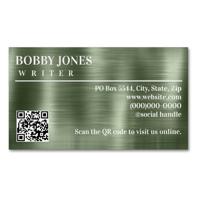 Elegant Brushed Green Foil Metallic QR Code Business Card Magnet (Front)