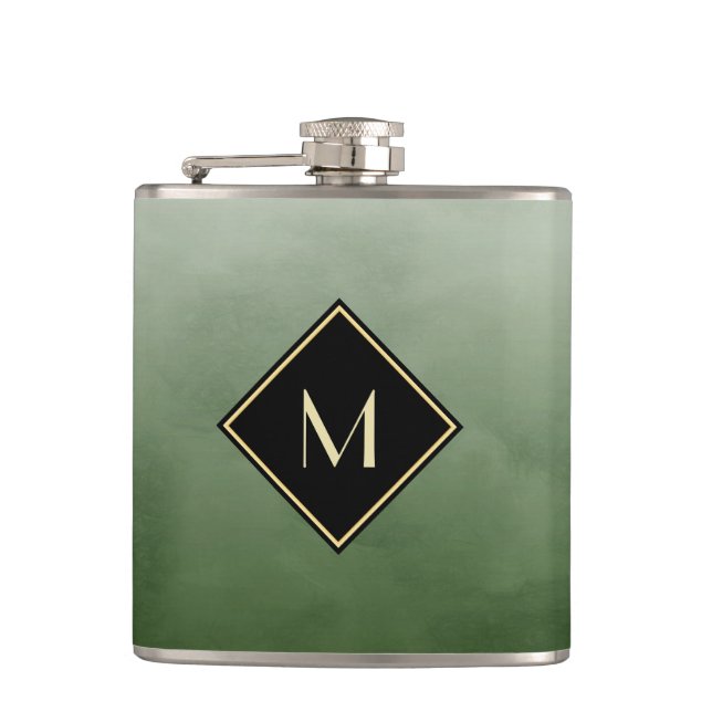 Elegant Brushed Green With Simple Gold Monogram Flask (Front)