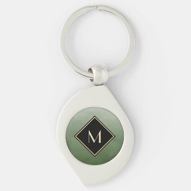 Elegant Brushed Green With Simple Gold Monogram Keychain (Front)