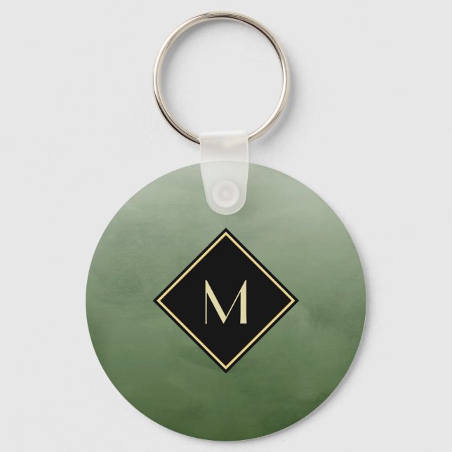 Elegant Brushed Green With Simple Gold Monogram Keychain (Front)