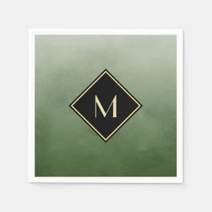 Elegant Brushed Green With Simple Gold Monogram Paper Napkins