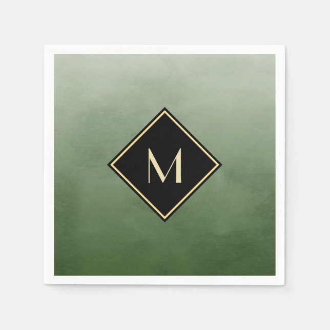 Elegant Brushed Green With Simple Gold Monogram Paper Napkins (Front)