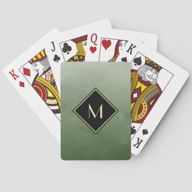 Elegant Brushed Green With Simple Gold Monogram Poker Cards (Back)