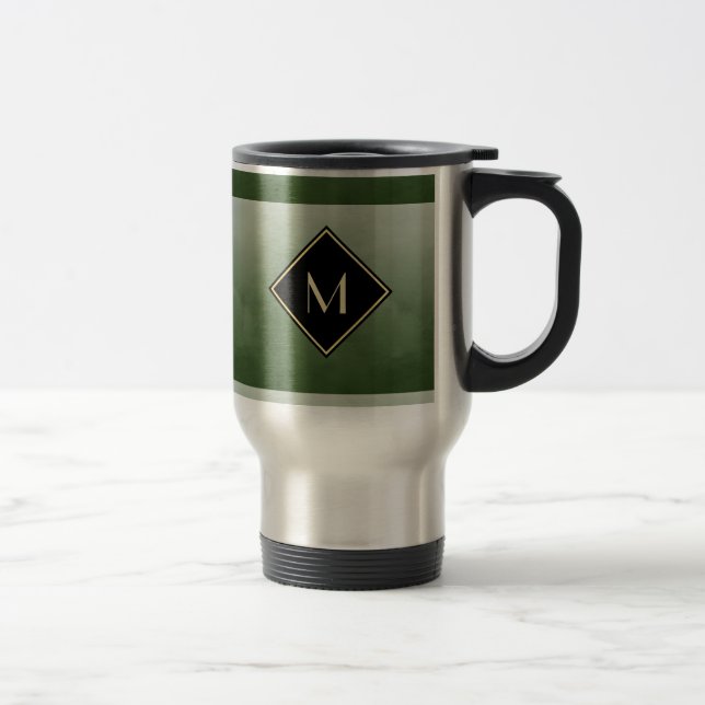 Elegant Brushed Green With Simple Gold Monogram Travel Mug (Right)
