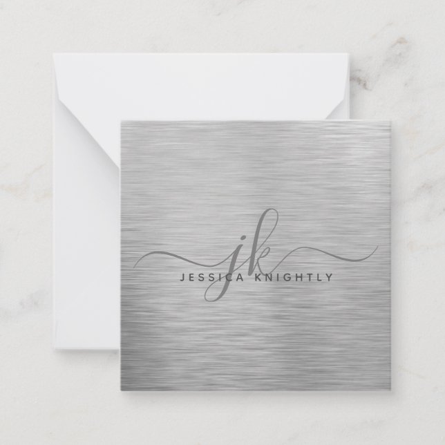 Elegant Brushed Metallic Silver Script Monogram Note Card (Front)