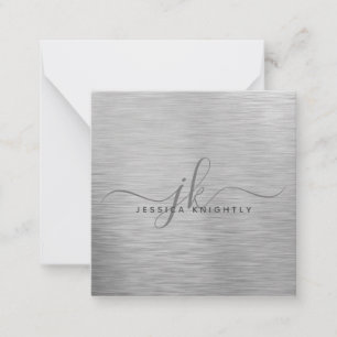 Elegant Brushed Metallic Silver Script Monogram Note Card