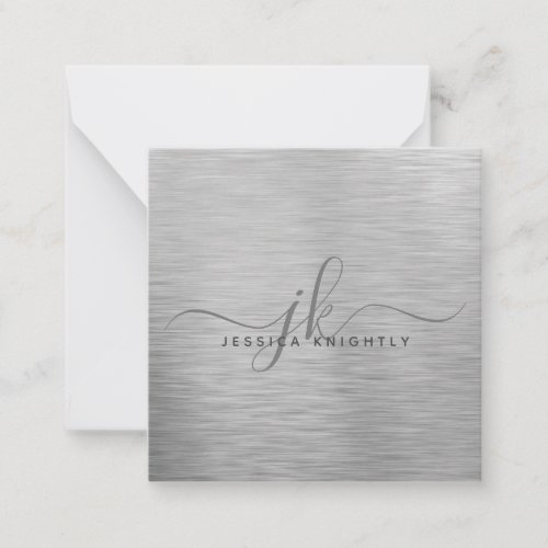 Elegant Brushed Metallic Silver Script Monogram Note Card