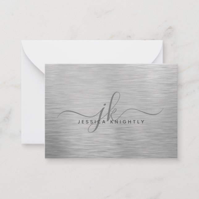 Elegant Brushed Metallic Silver Script Monogram Note Card (Front)